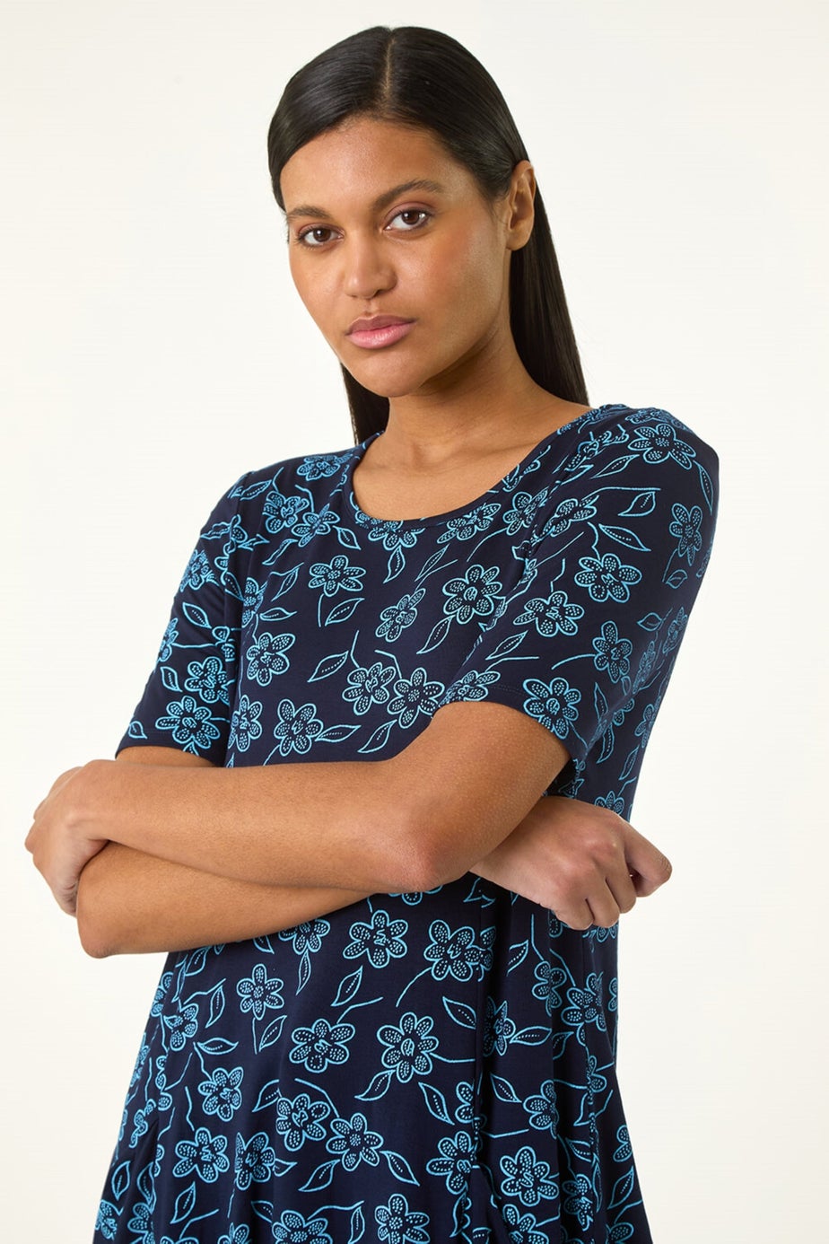 Roman Blue Floral Hanky Hem Pocket Tunic Top