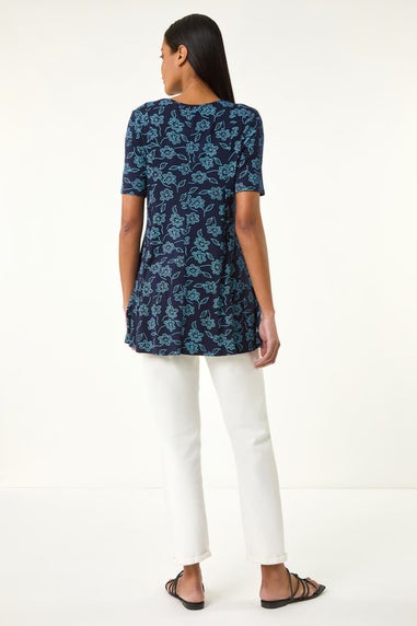 Roman Blue Floral Hanky Hem Pocket Tunic Top