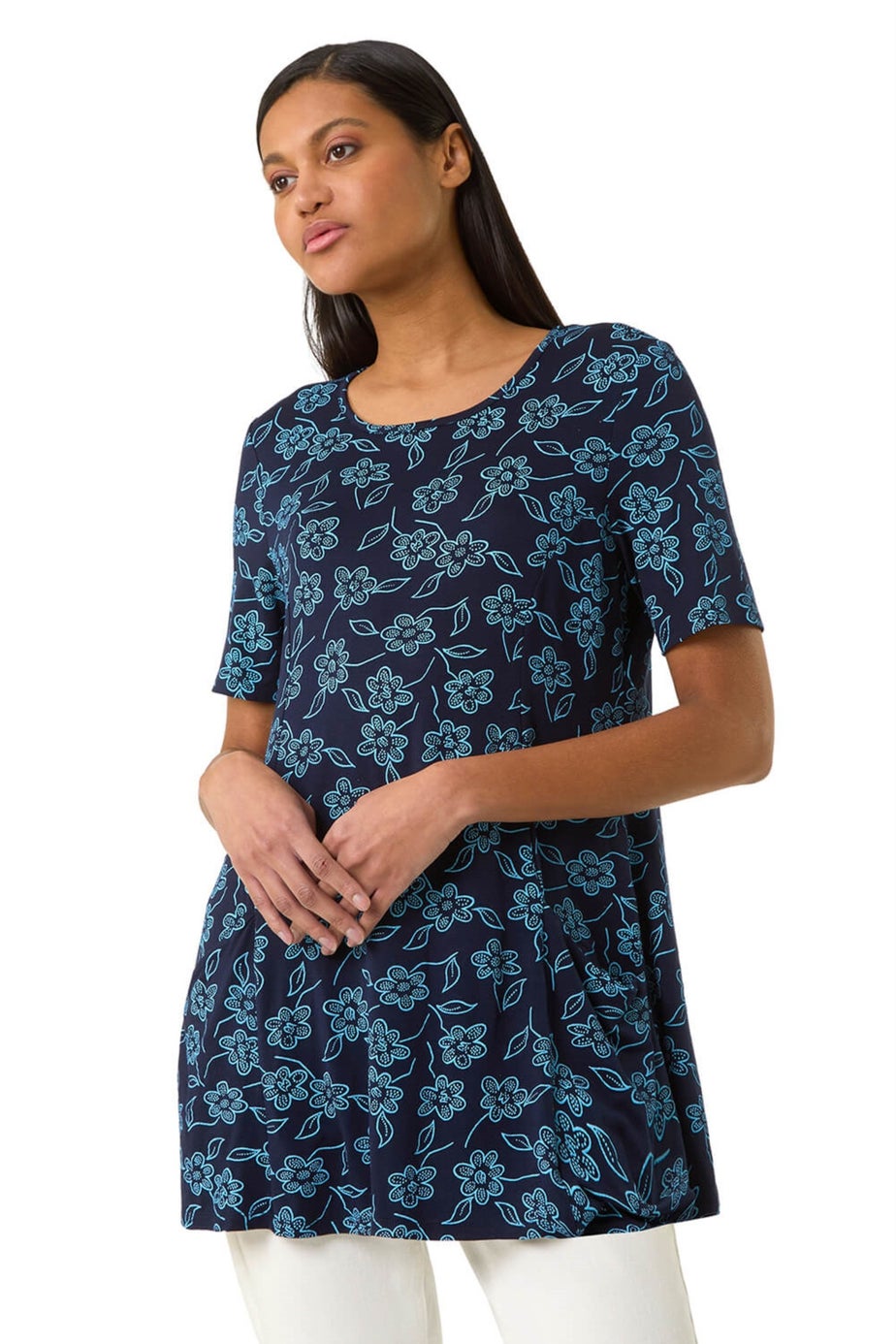 Roman Blue Floral Hanky Hem Pocket Tunic Top