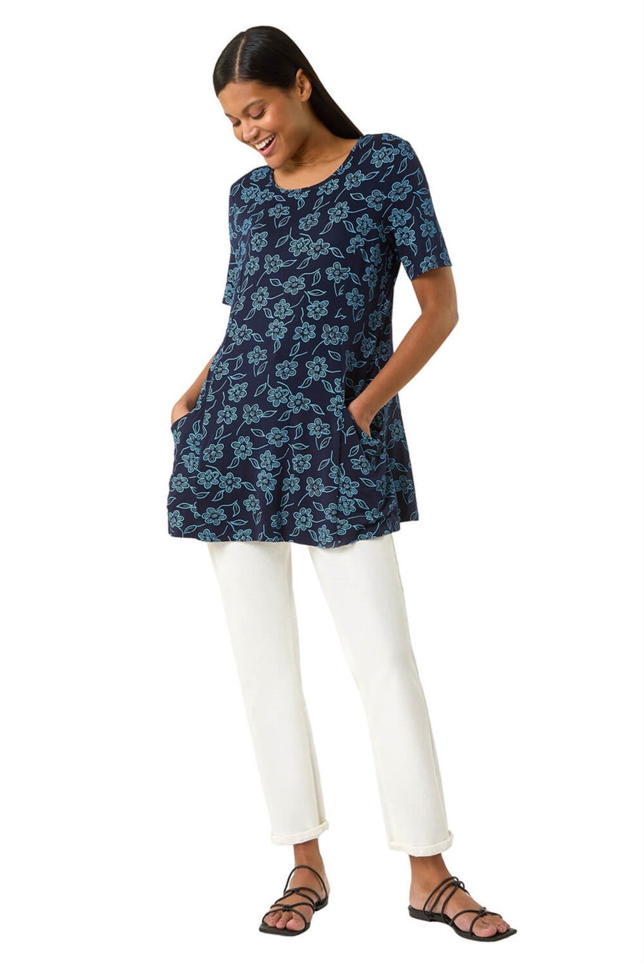 Roman Blue Floral Hanky Hem Pocket Tunic Top