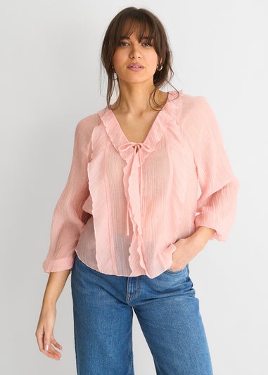 Gini London Pink Long Sleeeves Tie Detail Ruffle Blouse