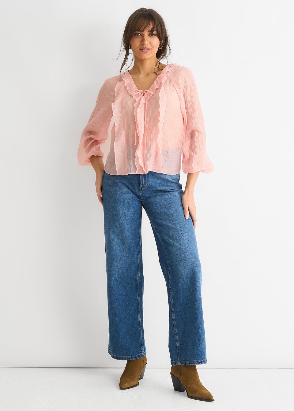 Gini London Pink Long Sleeeves Tie Detail Ruffle Blouse
