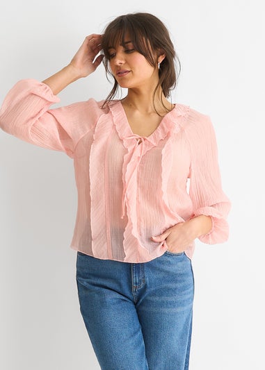 Gini London Pink Long Sleeeves Tie Detail Ruffle Blouse