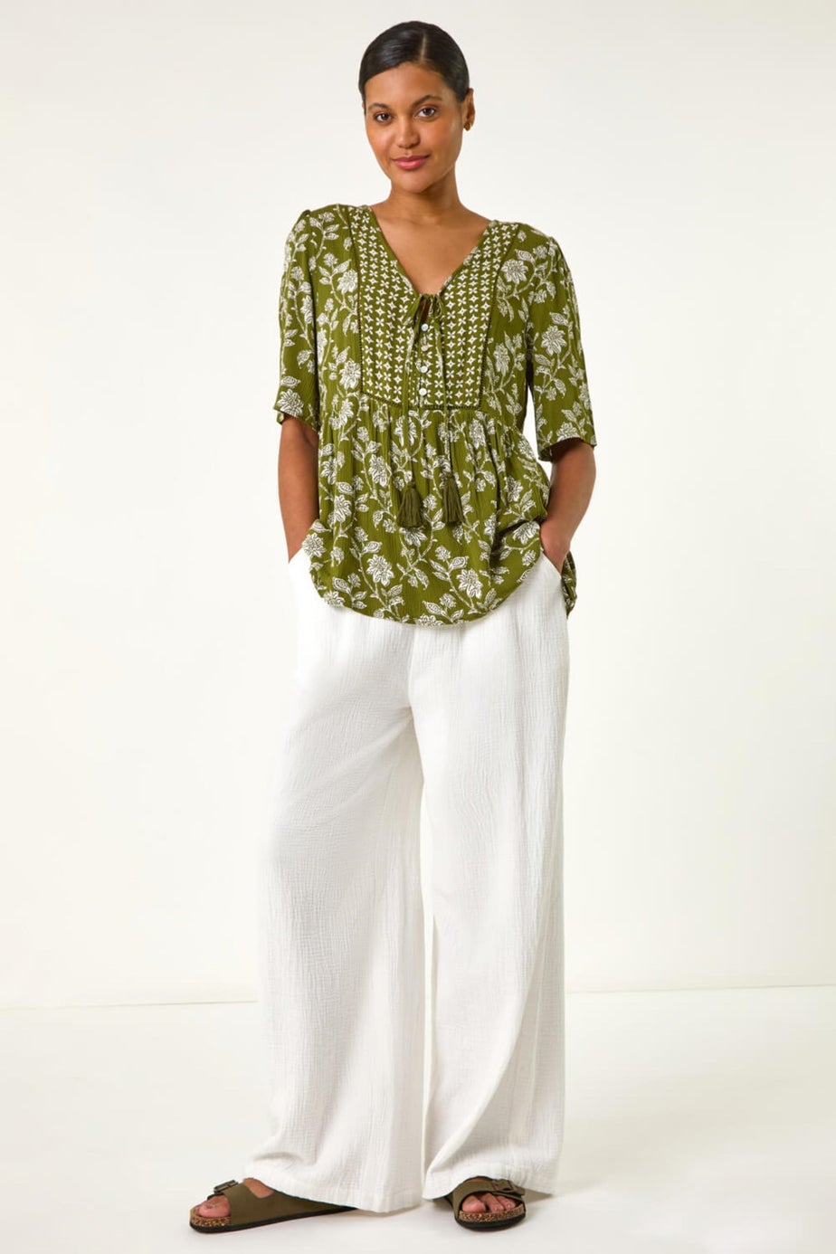 Roman Olive Floral Print Tassel Tunic Top