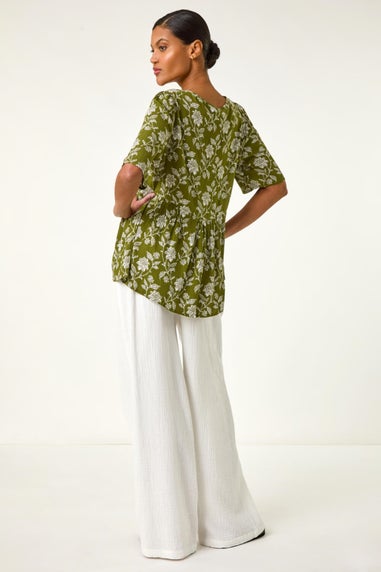 Roman Olive Floral Print Tassel Tunic Top