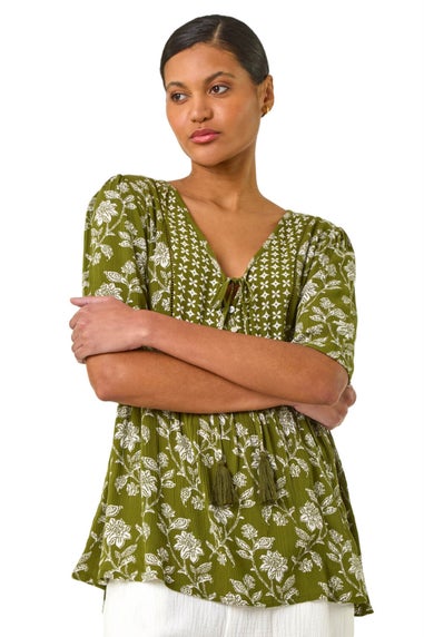 Roman Olive Floral Print Tassel Tunic Top