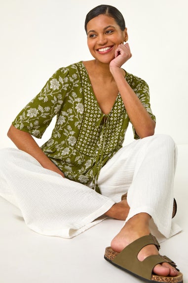 Roman Olive Floral Print Tassel Tunic Top