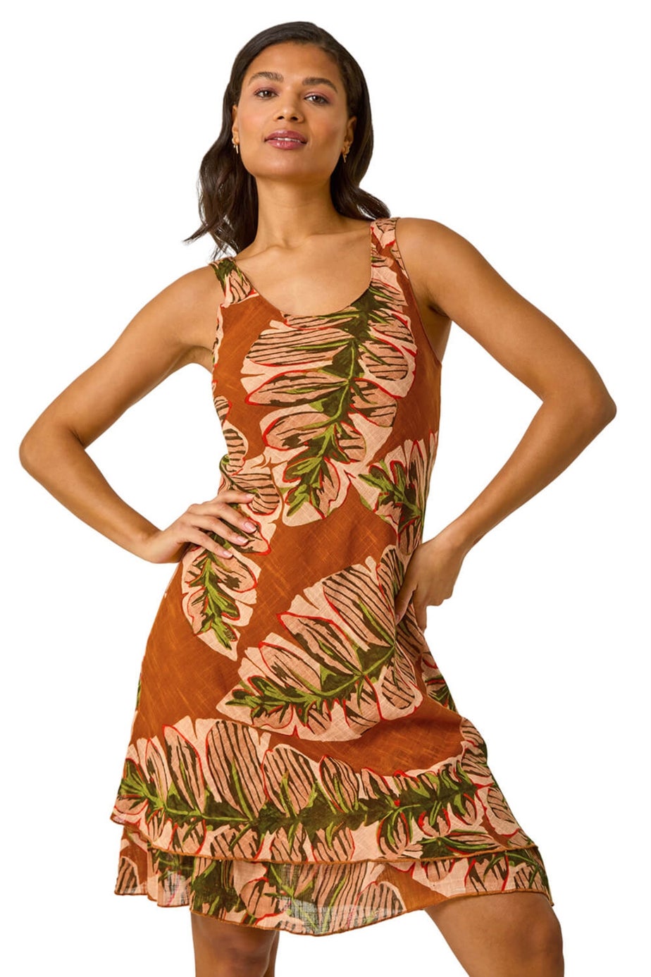 Roman Amber Leaf Print Double Layer Dress