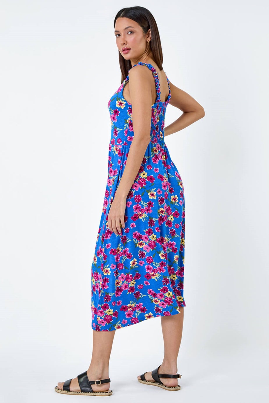 Roman Blue Floral Shirred Strap Midi Dress