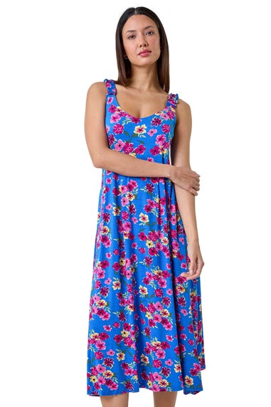 Roman Blue Floral Shirred Strap Midi Dress