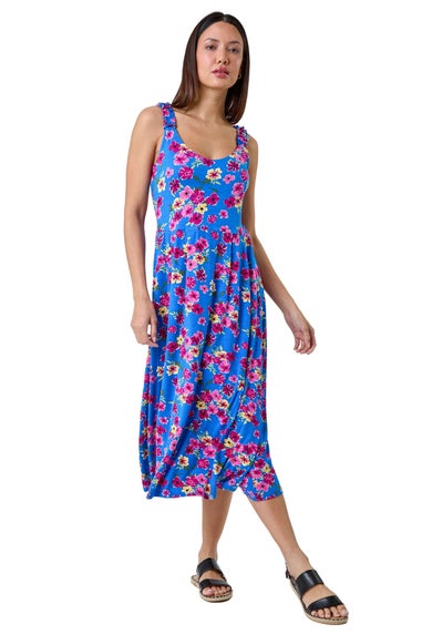 Roman Blue Floral Shirred Strap Midi Dress