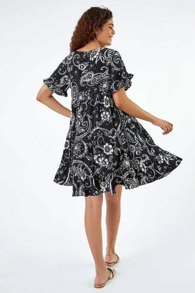 Roman Black Paisley Floral Tiered Smock Dress