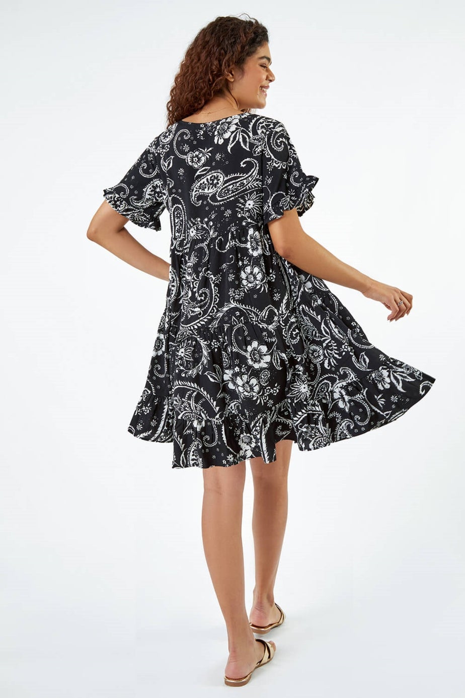 Roman Black Paisley Floral Tiered Smock Dress