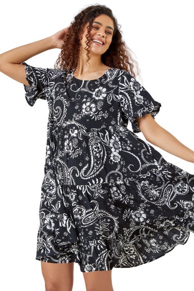 Roman Black Paisley Floral Tiered Smock Dress