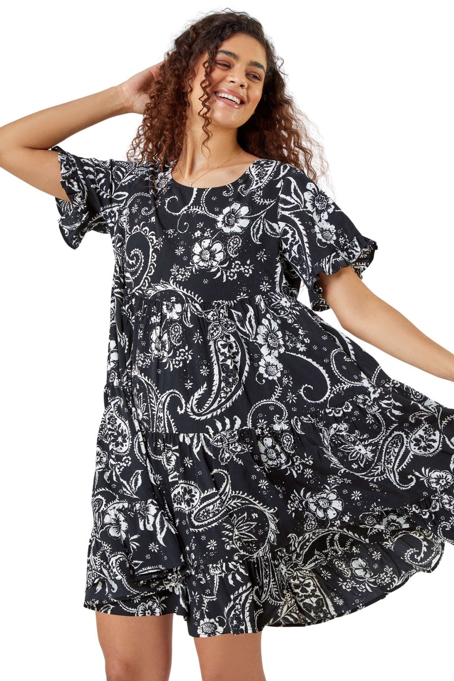 Roman Black Paisley Floral Tiered Smock Dress