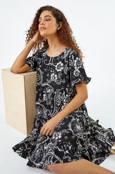 Roman Black Paisley Floral Tiered Smock Dress