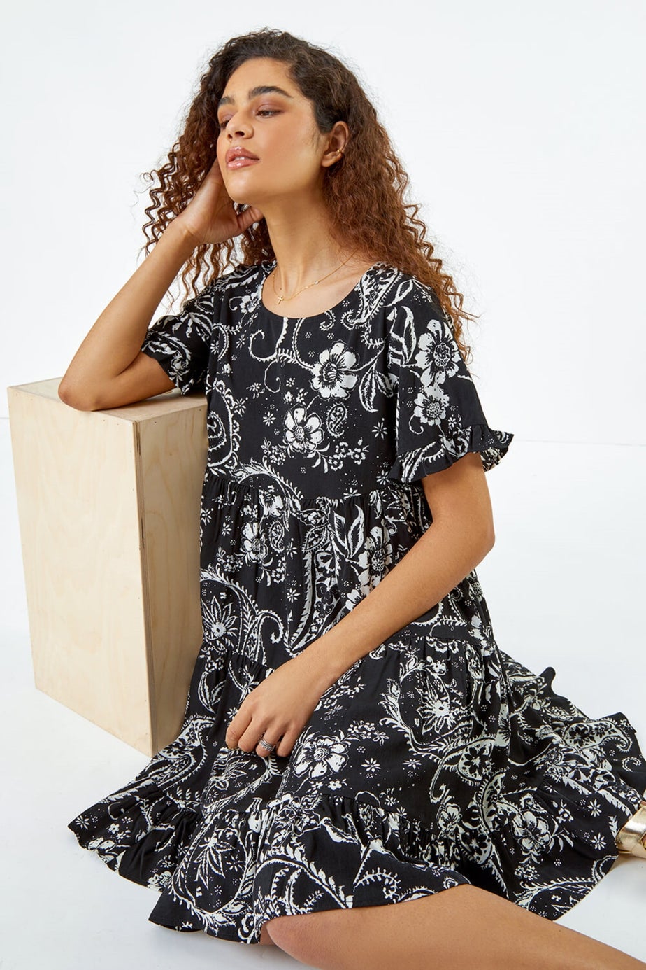 Roman Black Paisley Floral Tiered Smock Dress