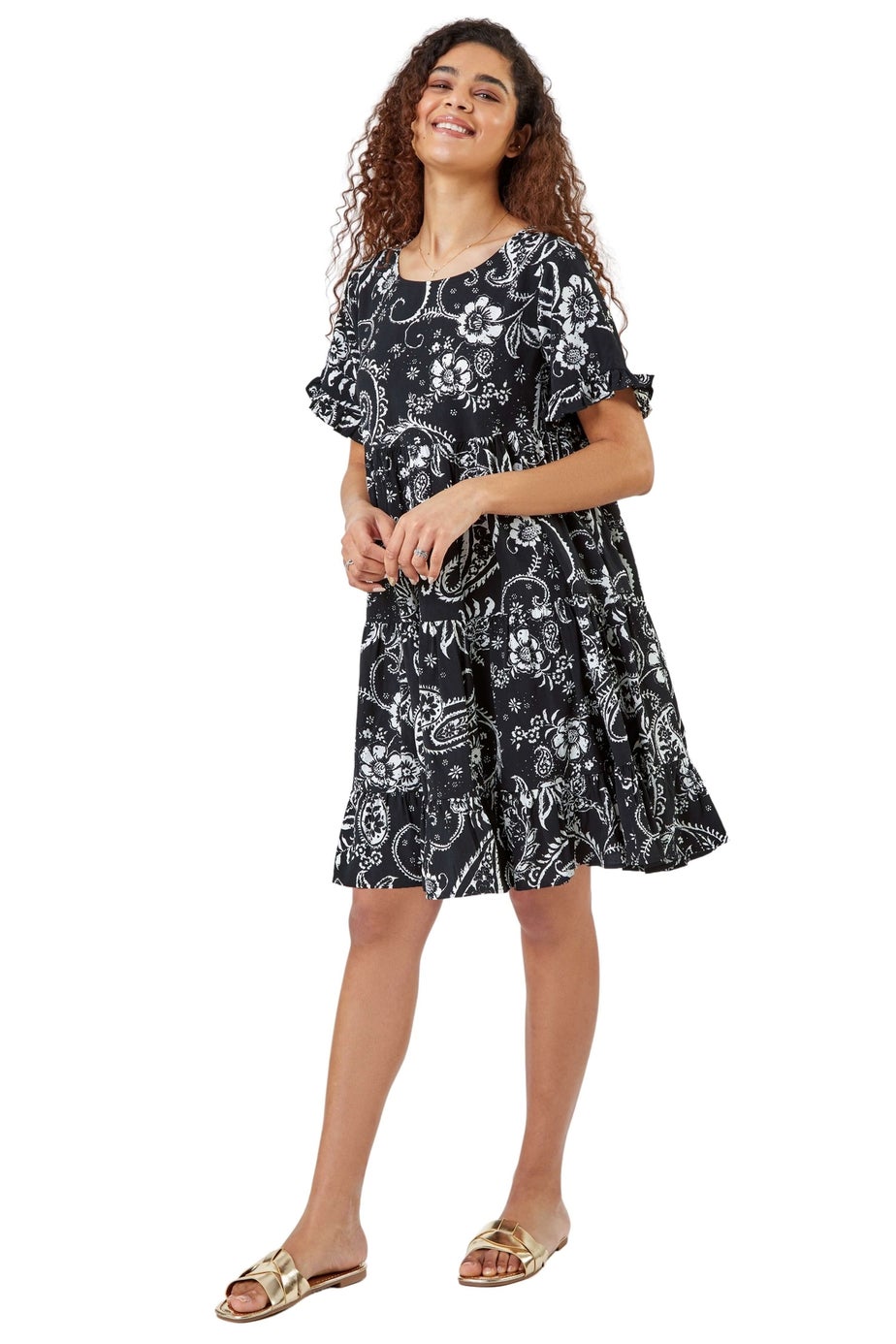Roman Black Paisley Floral Tiered Smock Dress