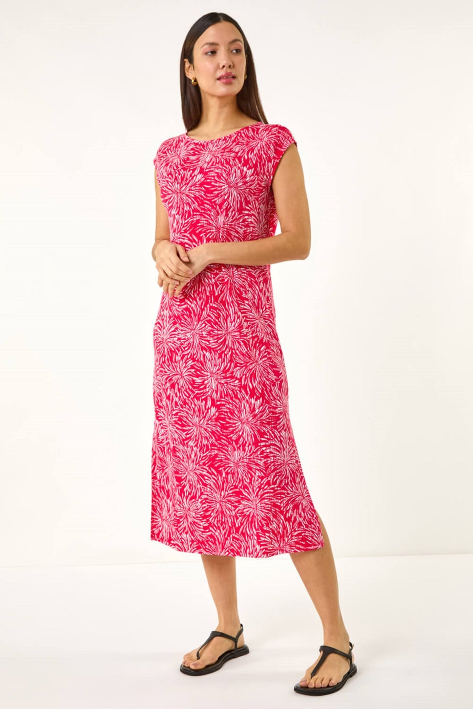 Roman Coral Abstract Print A Line Midi Dress