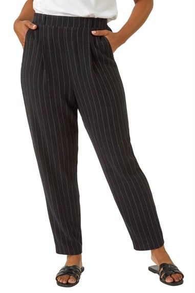 Roman Black Petite Stripe Tapered Linen Mix Trouser