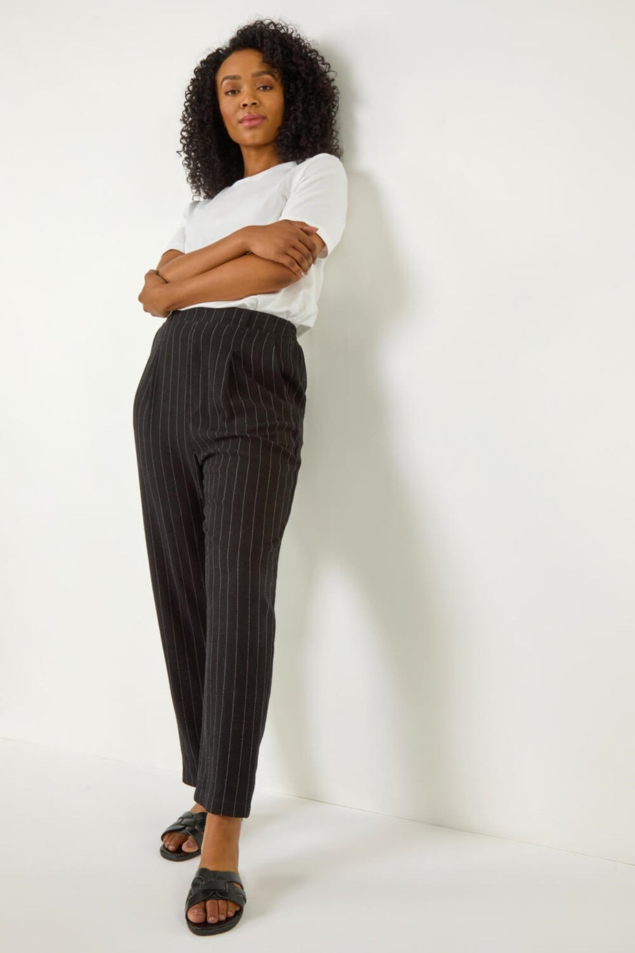 Roman Black Petite Stripe Tapered Linen Mix Trouser