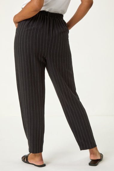 Roman Black Petite Stripe Tapered Linen Mix Trouser