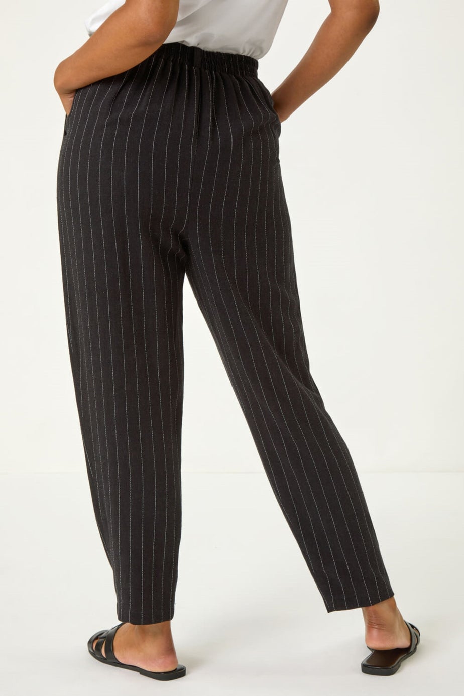 Roman Black Petite Stripe Tapered Linen Mix Trouser