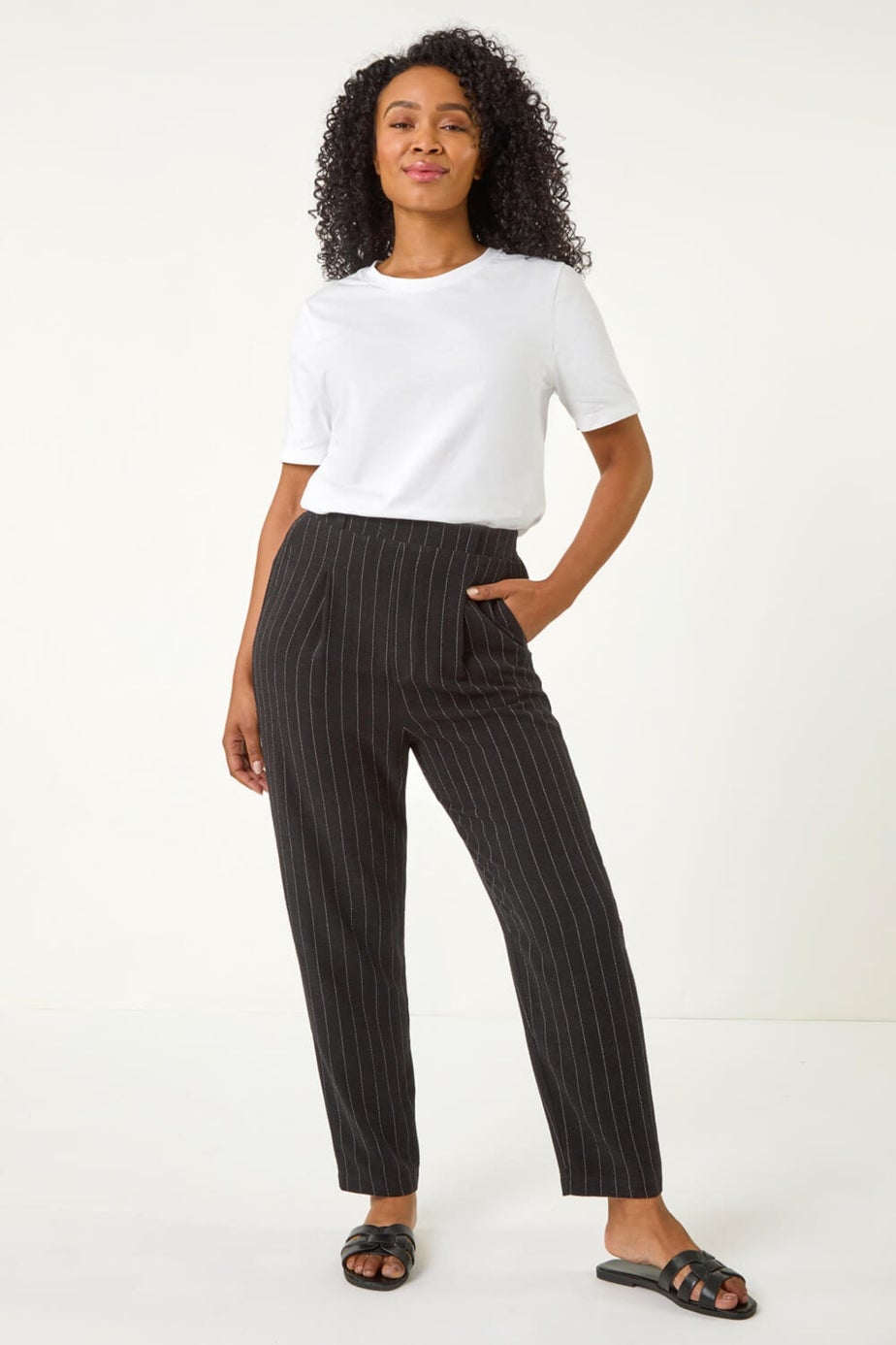 Roman Black Petite Stripe Tapered Linen Mix Trouser