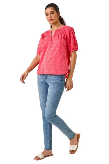 Roman Red Shirred Neck Textured Top