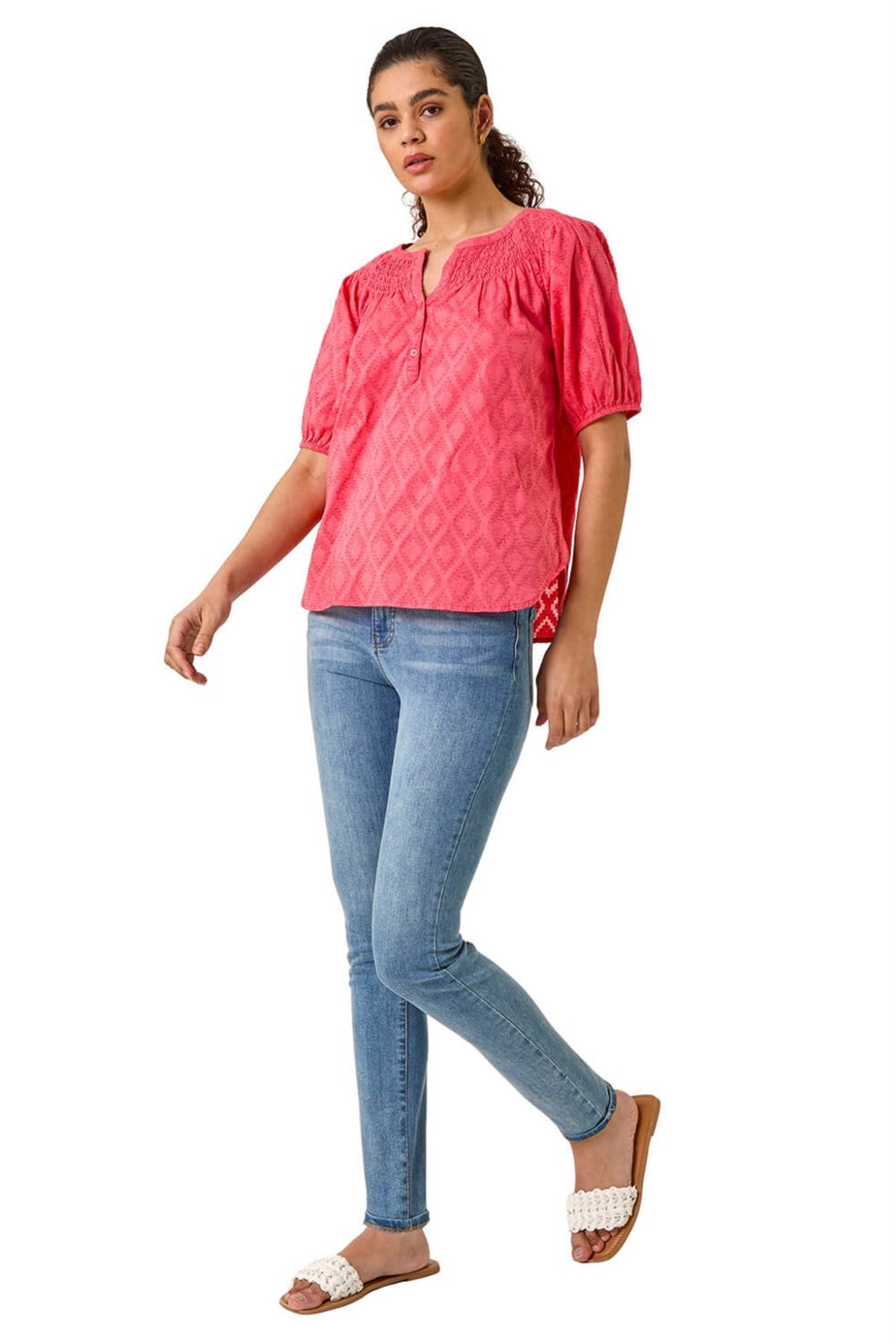 Roman Red Shirred Neck Textured Top