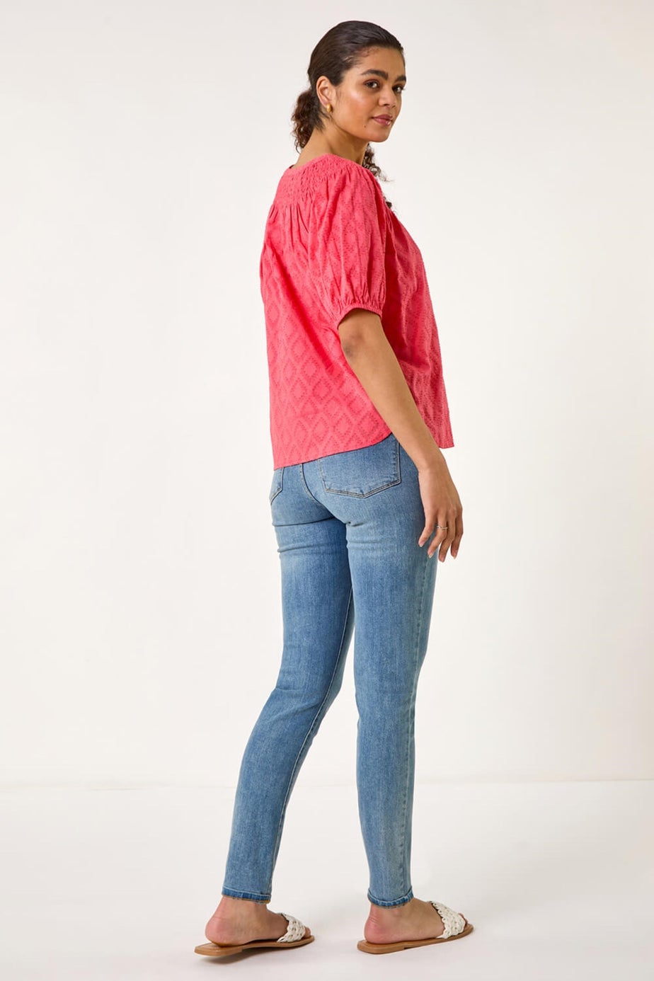 Roman Red Shirred Neck Textured Top