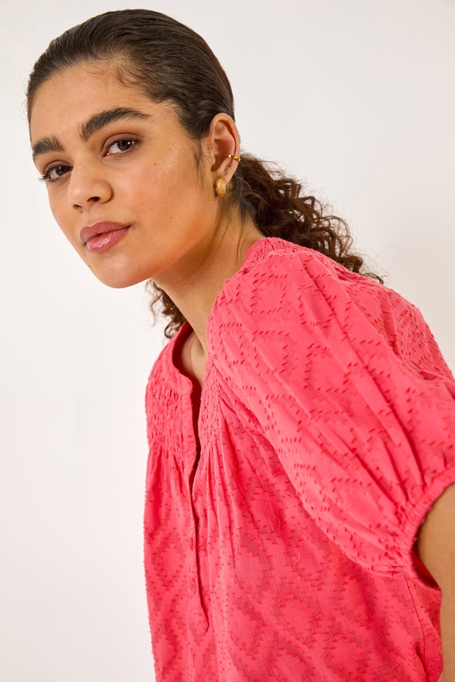 Roman Red Shirred Neck Textured Top