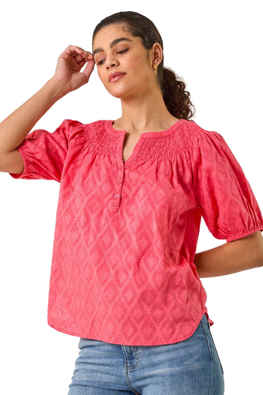 Roman Red Shirred Neck Textured Top