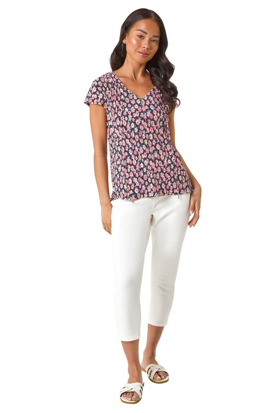 Roman Pink Petite Floral Print Crinkle V Neck Top