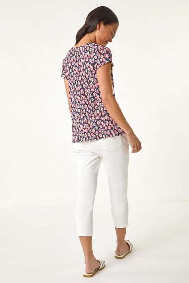 Roman Pink Petite Floral Print Crinkle V Neck Top