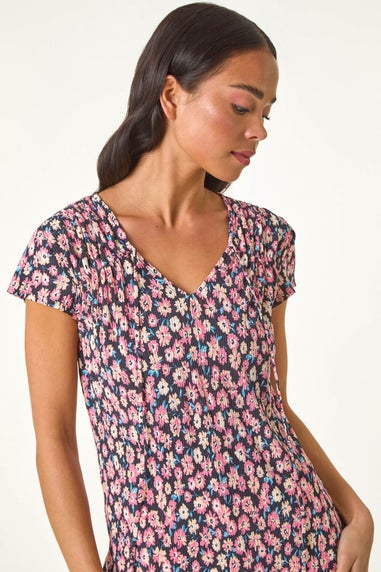 Roman Pink Petite Floral Print Crinkle V Neck Top