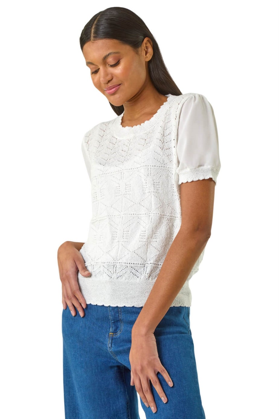 Roman Ivory Pointelle Knit Tee