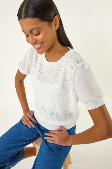 Roman Ivory Pointelle Knit Tee