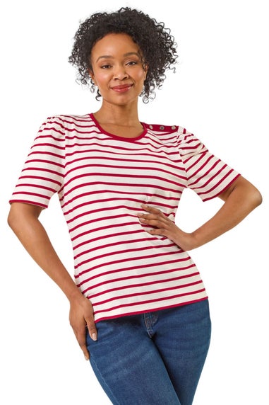 Roman Red Petite Stripe Ruched Sleeve Top