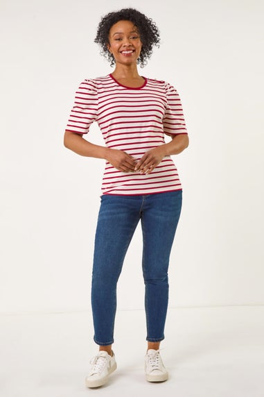 Roman Red Petite Stripe Ruched Sleeve Top
