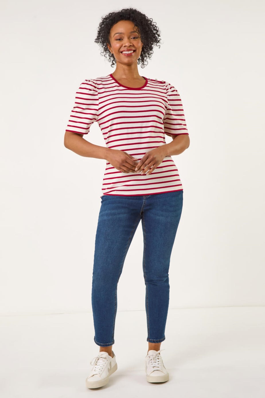 Roman Red Petite Stripe Ruched Sleeve Top
