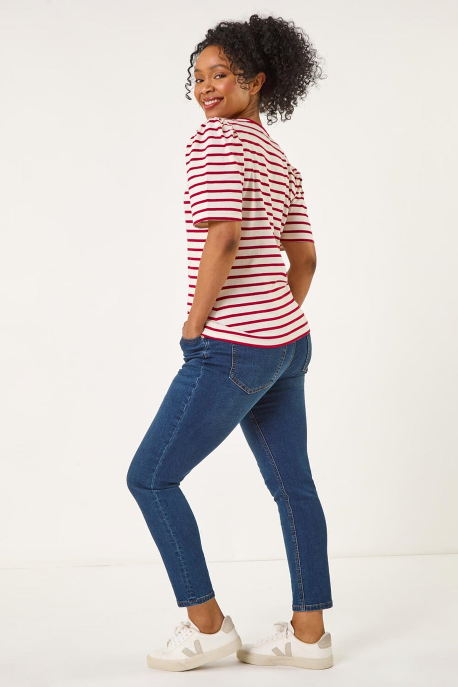Roman Red Petite Stripe Ruched Sleeve Top