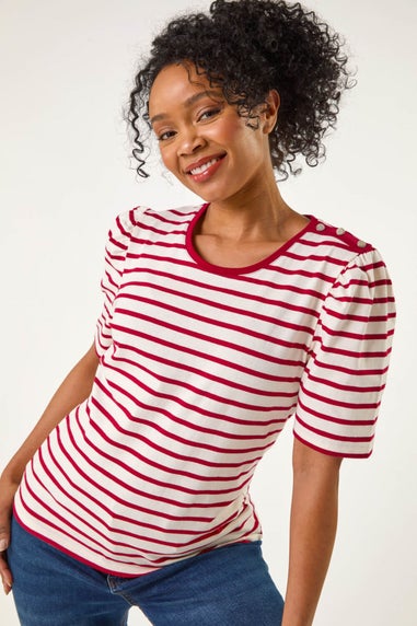 Roman Red Petite Stripe Ruched Sleeve Top
