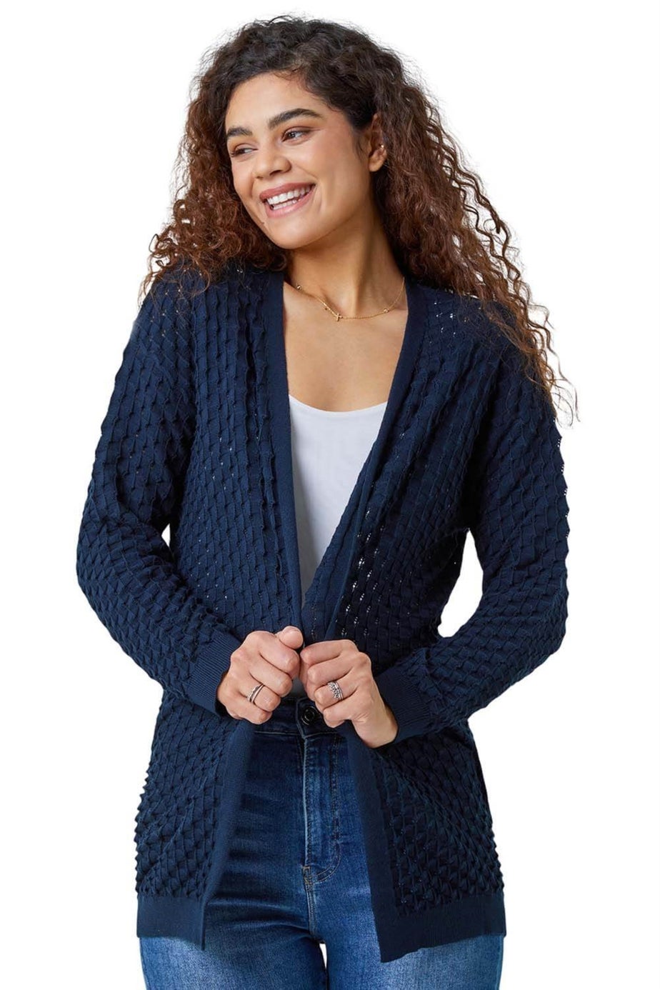 Roman Navy Cotton Blend Waffle Knit Cardigan