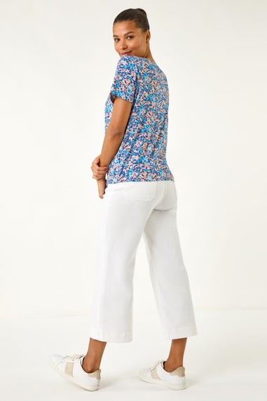 Roman Blue Floral Print Elasticated Hem Top