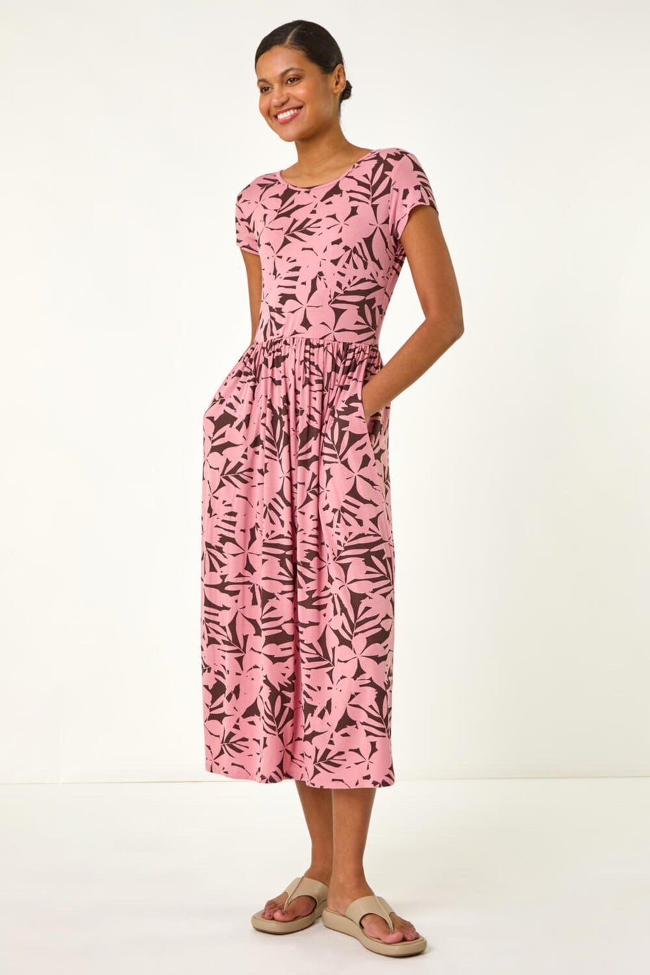 Roman Pink Floral Print Stretch Midi Dress