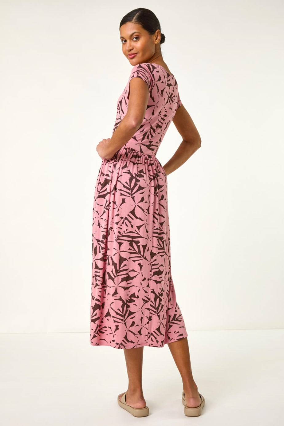 Roman Pink Floral Print Stretch Midi Dress
