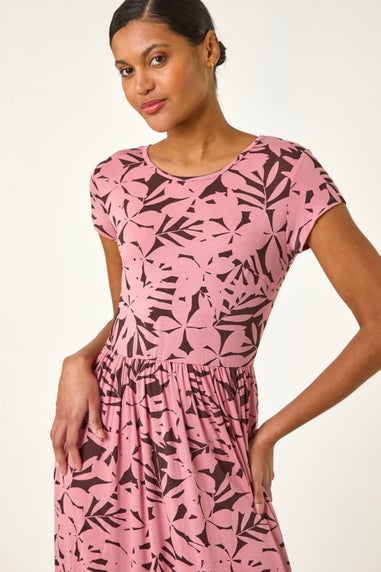 Roman Pink Floral Print Stretch Midi Dress