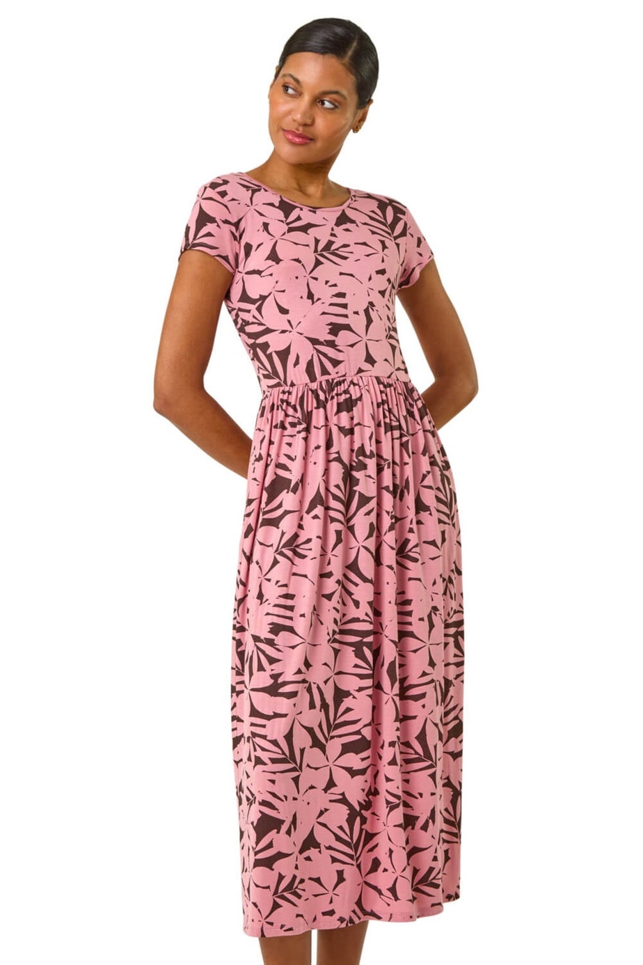 Roman Pink Floral Print Stretch Midi Dress