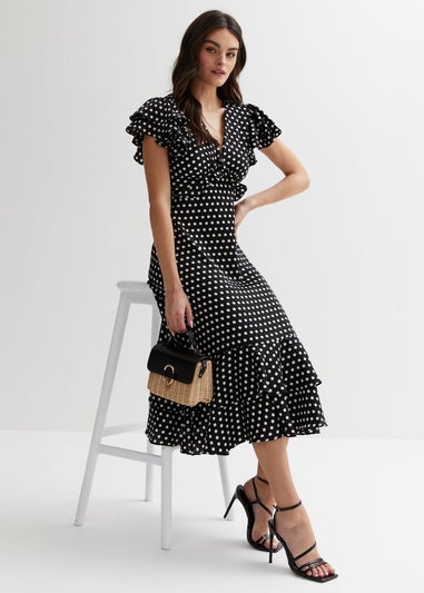 Gini London Black Polka Dot Print Occasion Ruffle Midi Dress